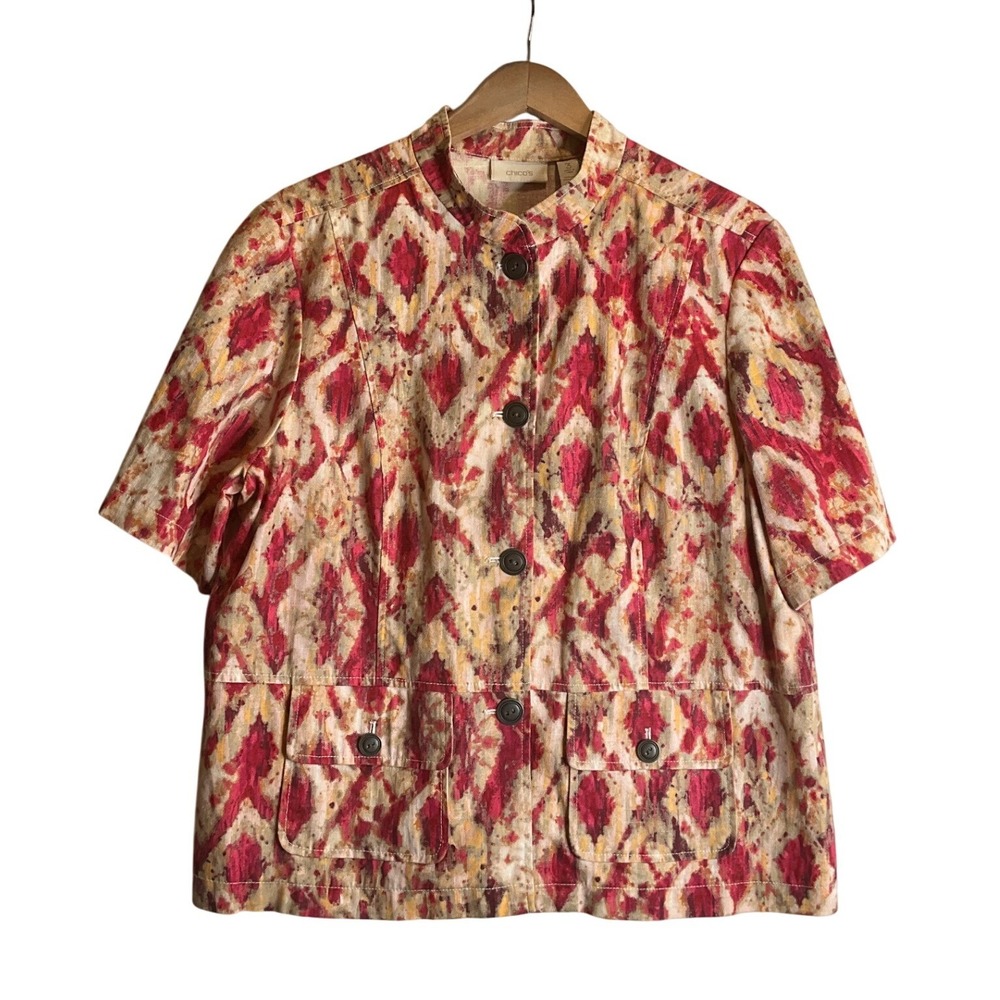Chicos Ikat Linen Blazer Shirt Jacket Short Sleeve Pockets Career Casual 3/XL/16